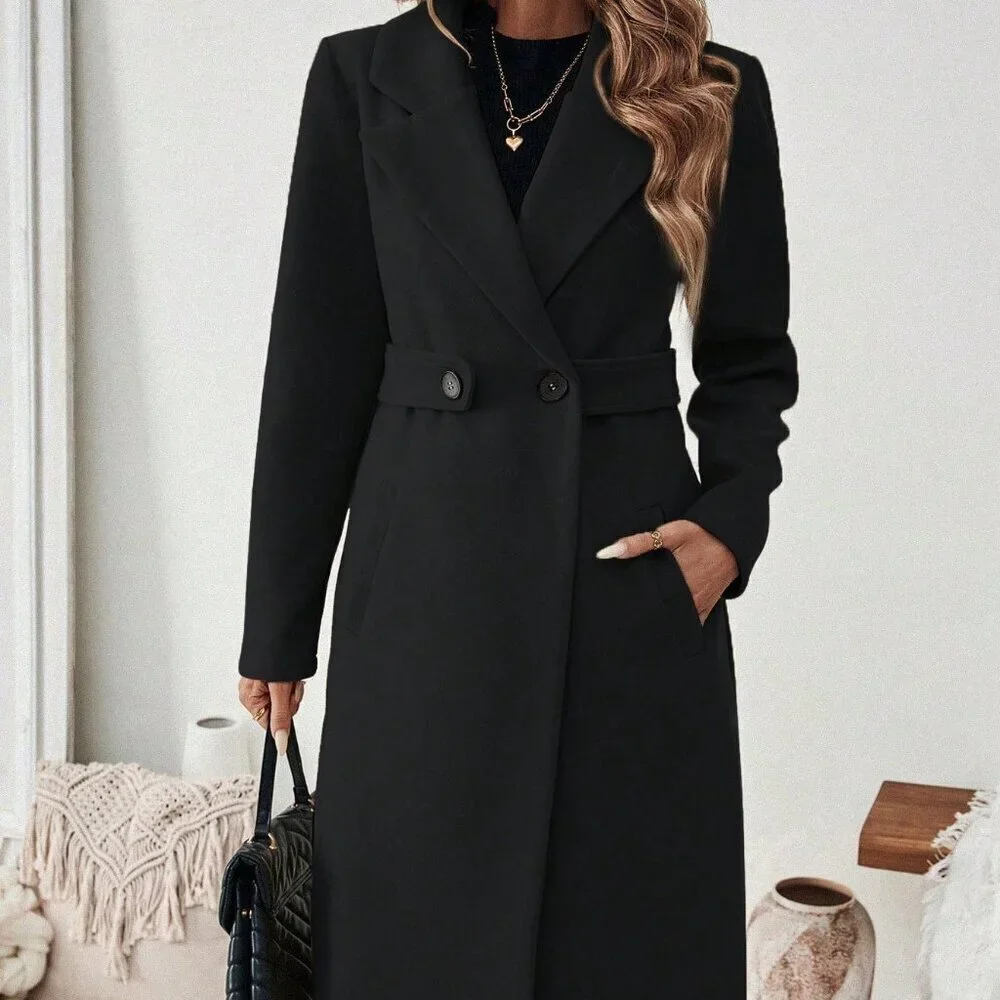 Black Casual Women's Flat Collar Pocket Belted Long Sleeve Coat Jacket - Picture 5 of 6